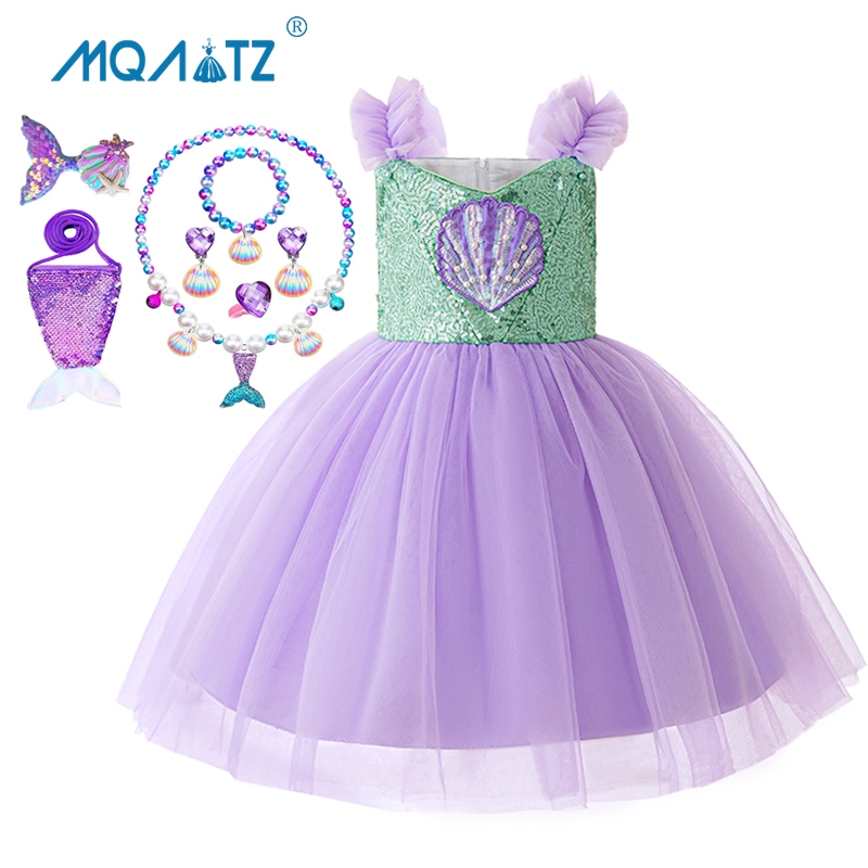 Mqatz สีม่วงสาวเงือกคอสเพลย์ชุดเด็กเลื่อมวันเกิดชุดเจ้าหญิงลูกไม้พรรคเสื้อผ้า3-8ปี LL084