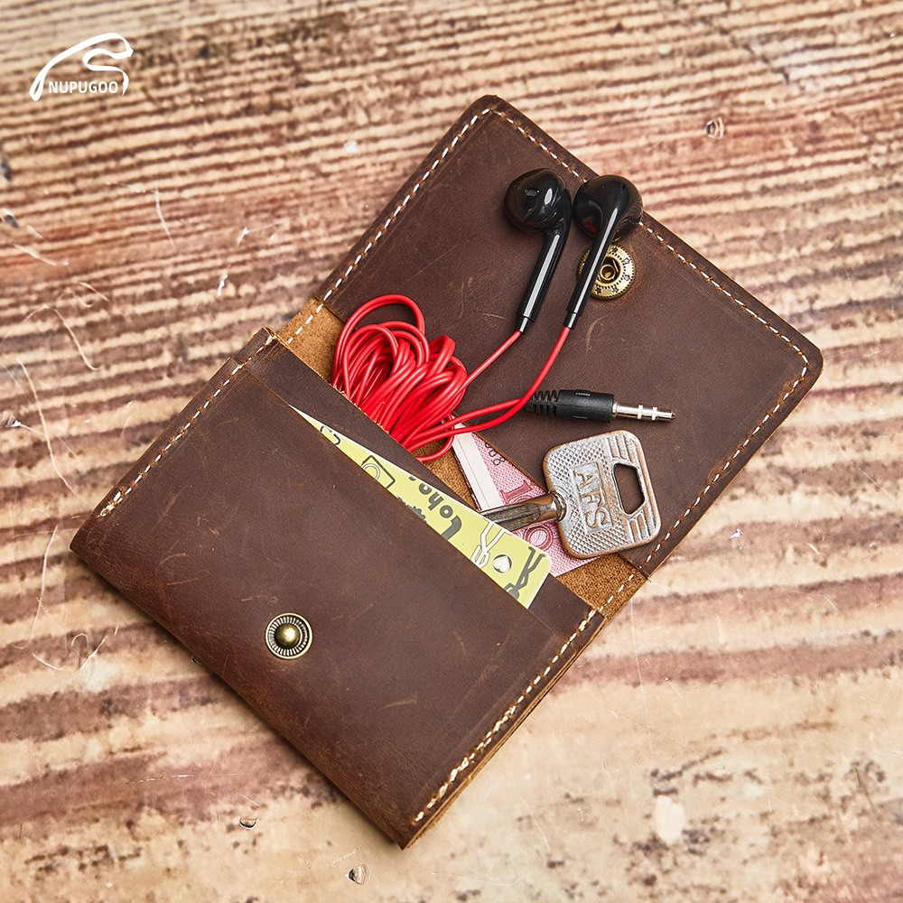 Nupugoo กระเป๋าสตางค์หนังแท้พับครึ่ง Simple Card Holder First Layer Cowhide เปลี่ยนกระเป๋าเก็บเหรียญ Unisex Key Bag