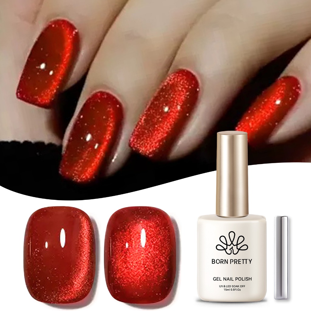 Born PRETTY Ruby Red Cat Magnetic Gel ยาทาเล็บปีใหม่สีแดง Shining กึ่งถาวร UV Gel 15ml