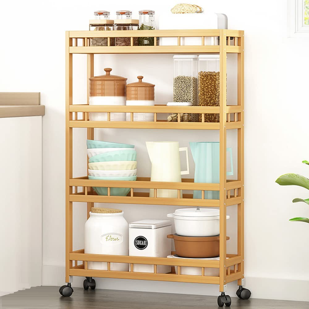 ห้องครัวหลายชั้นที่ถอดออกได้เก็บรถเข็นไม้ บาง รถเข็นห้องครัวที่มีชั้นวางปรับความสูงและล้อ