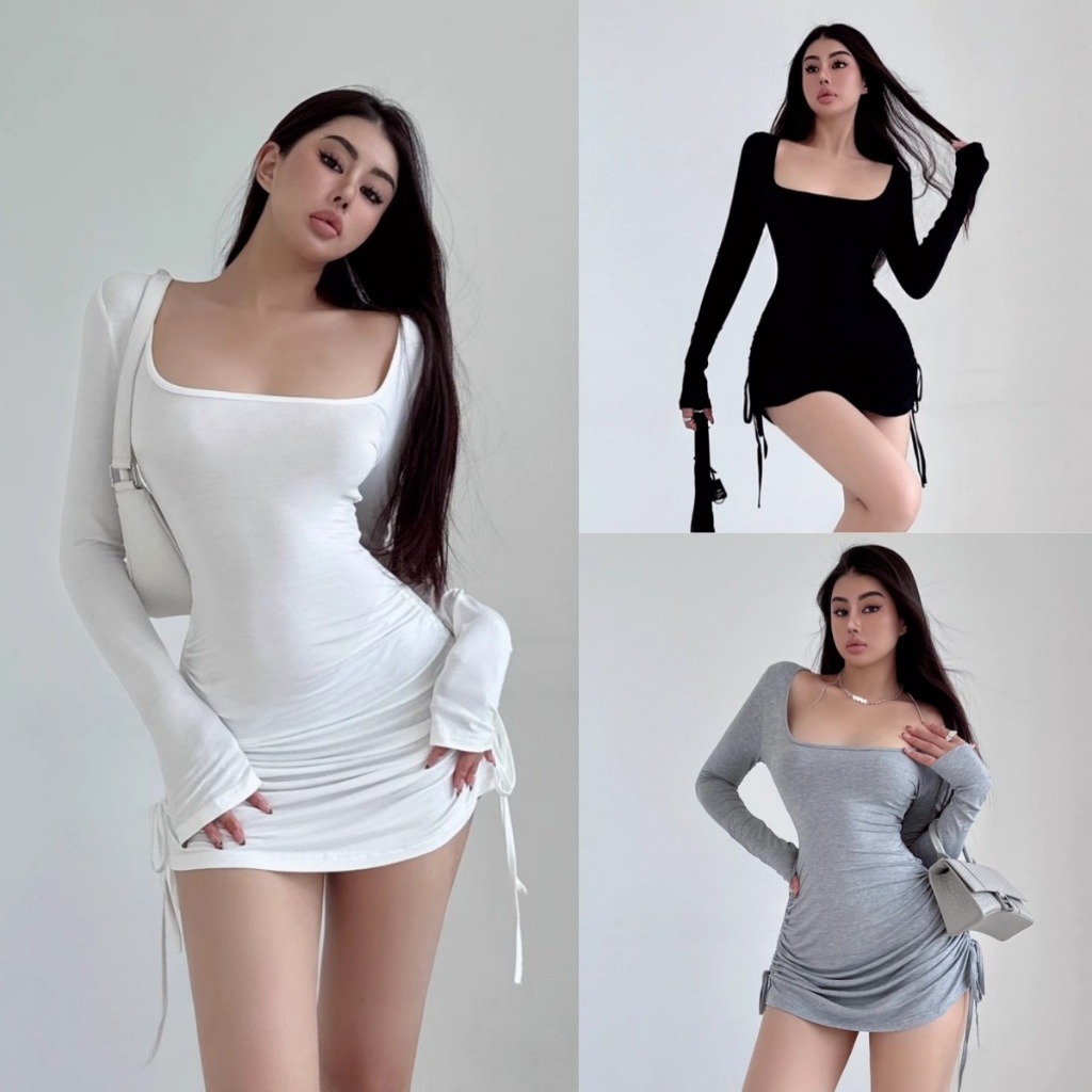 Bella Shop ชุดเดรสสั้นแขนยาวคอuเซ็กซี่สำหรับผู้หญิง ชุดเดรสกระชับสัดส่วนเอวรูด