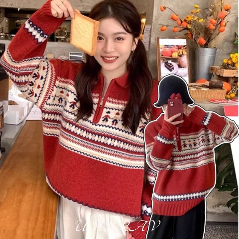 UABRAV. เสื้อกันหนาวผู้หญิง ใหม่ แฟชั่น เวอร์ชั่นเกาหลี อเนกประสงค์ สไตล์คริสต์มาส ย้อนยุค สีแดง หนา หลวม ถัก สูงสุด