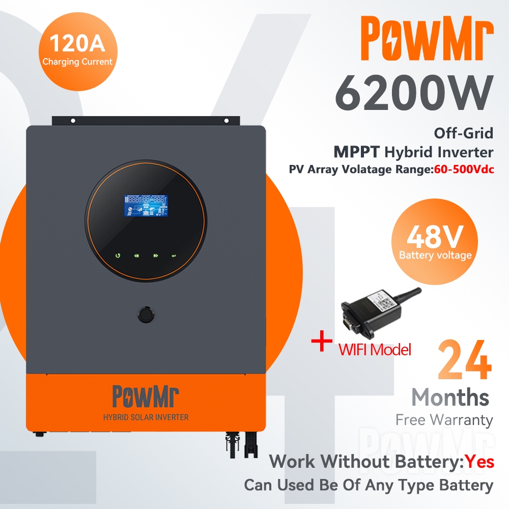 Powmr 6.2kw On-grid/Off-grid Hybrid อินเวอร์เตอร์ 48Vdc 230VAC PV แผงอินพุต 500vdc Pure Sine Wave อินเวอร์เตอร์พลังงานแสงอาทิตย์ในตัว 120A MPPT ตัวควบคุมพลังงานแสงอาทิตย์ RGB Light