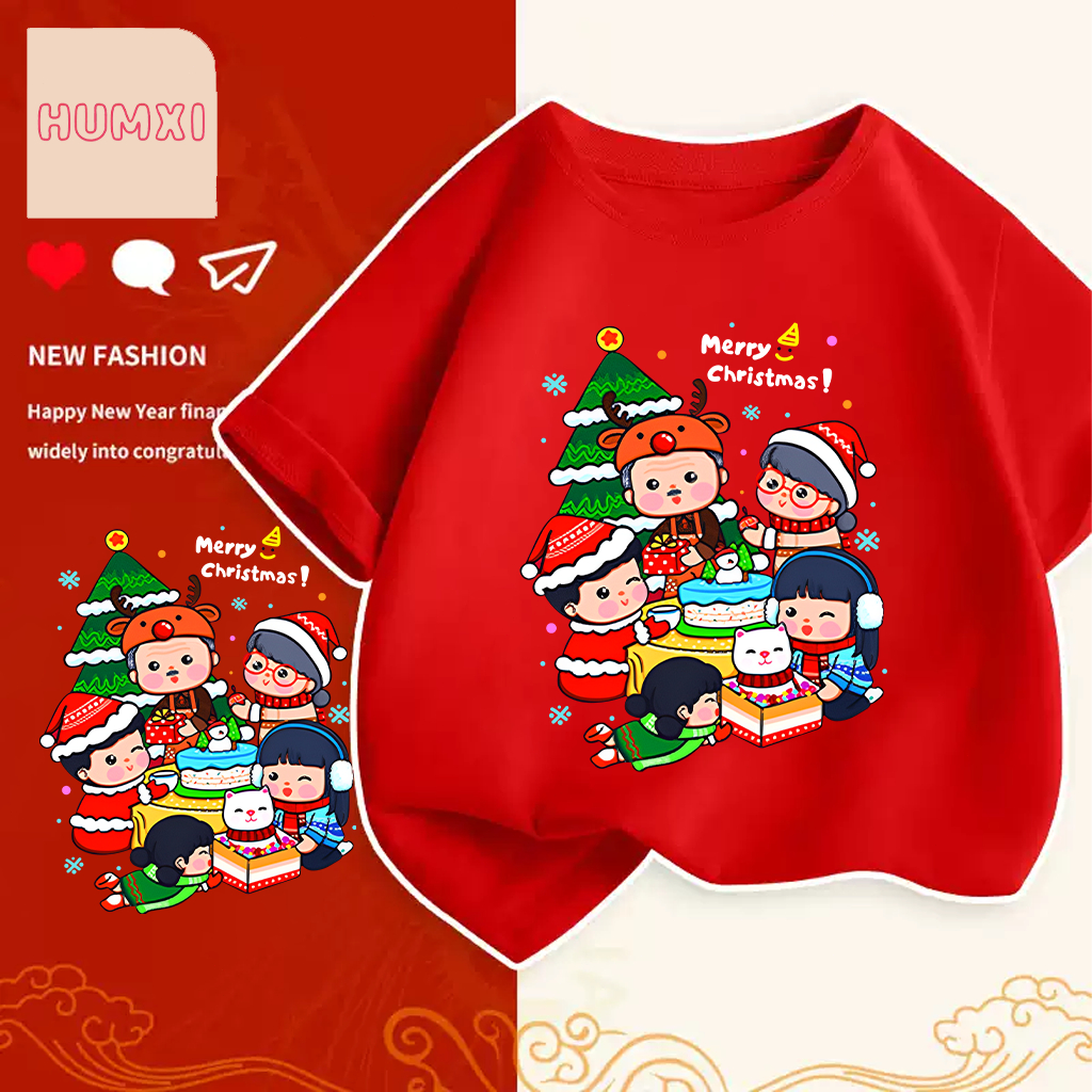 เสื้อคริสมาสต์ Happy New Year & Merry Christmas ลายน่ารักๆ ผ้า Cotton ใส่สบาย สีสันสดใส ขนาด S-5XL 100-150cm