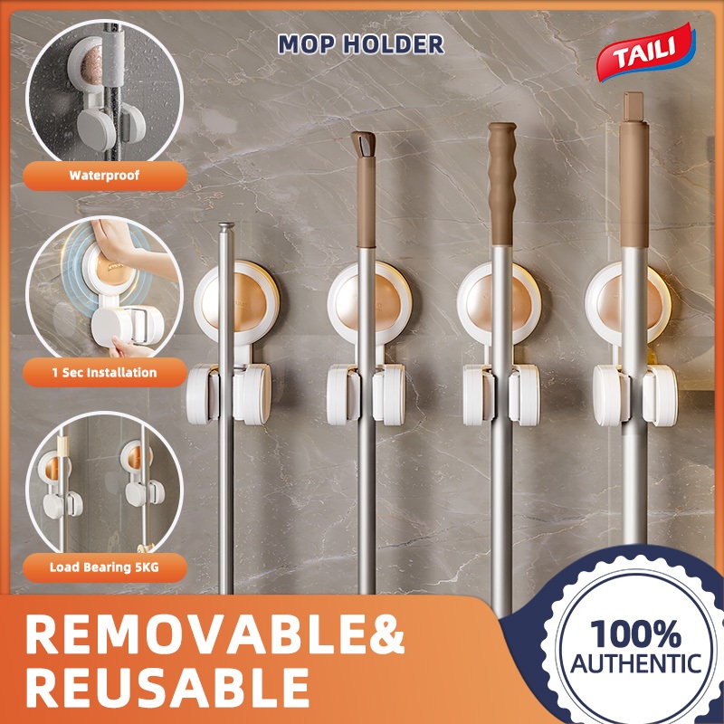 TAILI 2 ชิ้น Mop Holder ห้องน้ําไม้กวาดแขวน Rack Heavy Duty ติดผนัง Mop Holder ไม่มีเจาะ