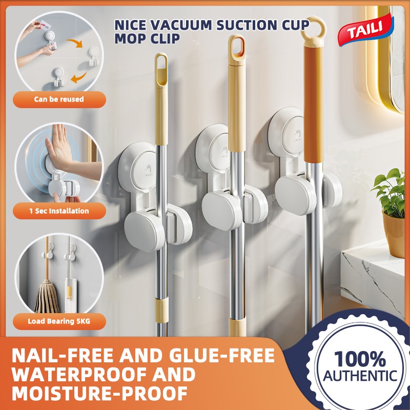 Taili 2-Pack ถ้วยดูด Mop คลิปติดผนัง Mop แขวนห้องน้ําห้องน้ํา Mop Holder การเจาะ-ฟรี Wall-Mounted Mop คลิป