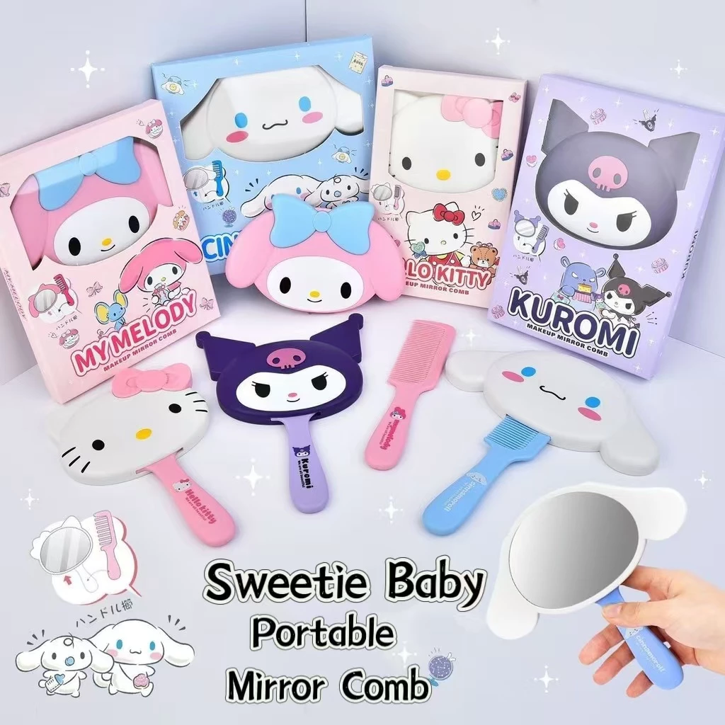 [2-in-1] กระจกแต่งหน้าการ์ตูน Sanrio น่ารัก มือถือ, น่ารัก Kuromi Melody Cinnamoroll Hello Kitty หอพักนักศึกษา กระจกมือถือ กระจกพกพา หวี