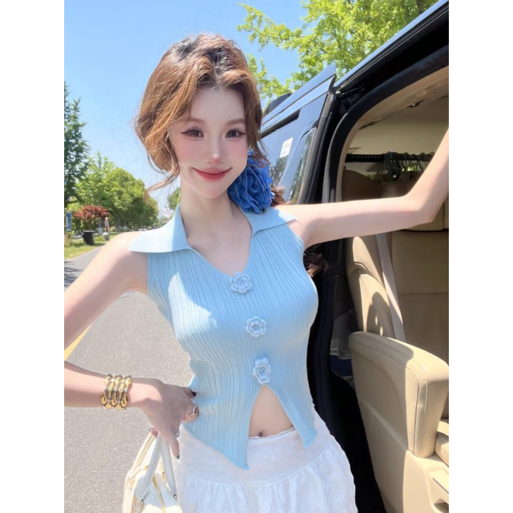 สีชมพูหวานสามมิติดอกไม้ถักเสื้อกั๊กผู้หญิงฤดูร้อนสไตล์ใหม่สไตล์ฝรั่งเศส ผอมลง ดูอารมณ์โปโลปกสั้นด้านบน