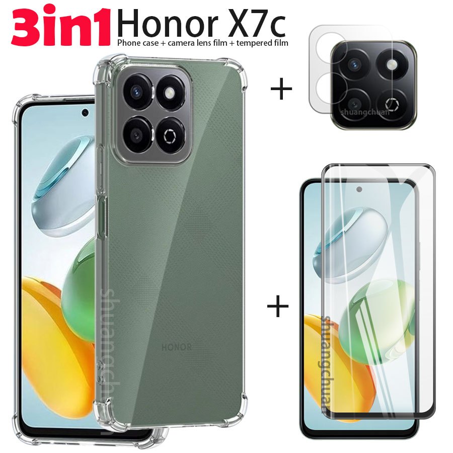 3in1 สําหรับ Honor X7c กรณี Honor X7c เคสโทรศัพท์โปร่งใสเต็มหน้าจอครอบคลุมฟิล์มกระจกนิรภัย ฟิล์มเลนส