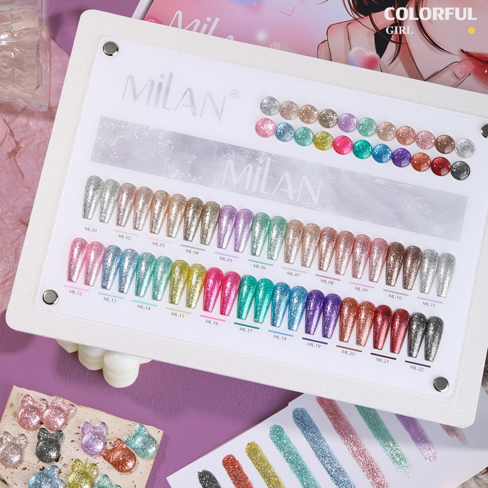 พร้อมส่งในไทย milan 22 เฉดสี พร้อมชาร์ทสี สีเจลแฟลชกลิตเตอร์ แพลตตินัมแฟลช ประกายออโรร่า กากเพชรชัด แน่น