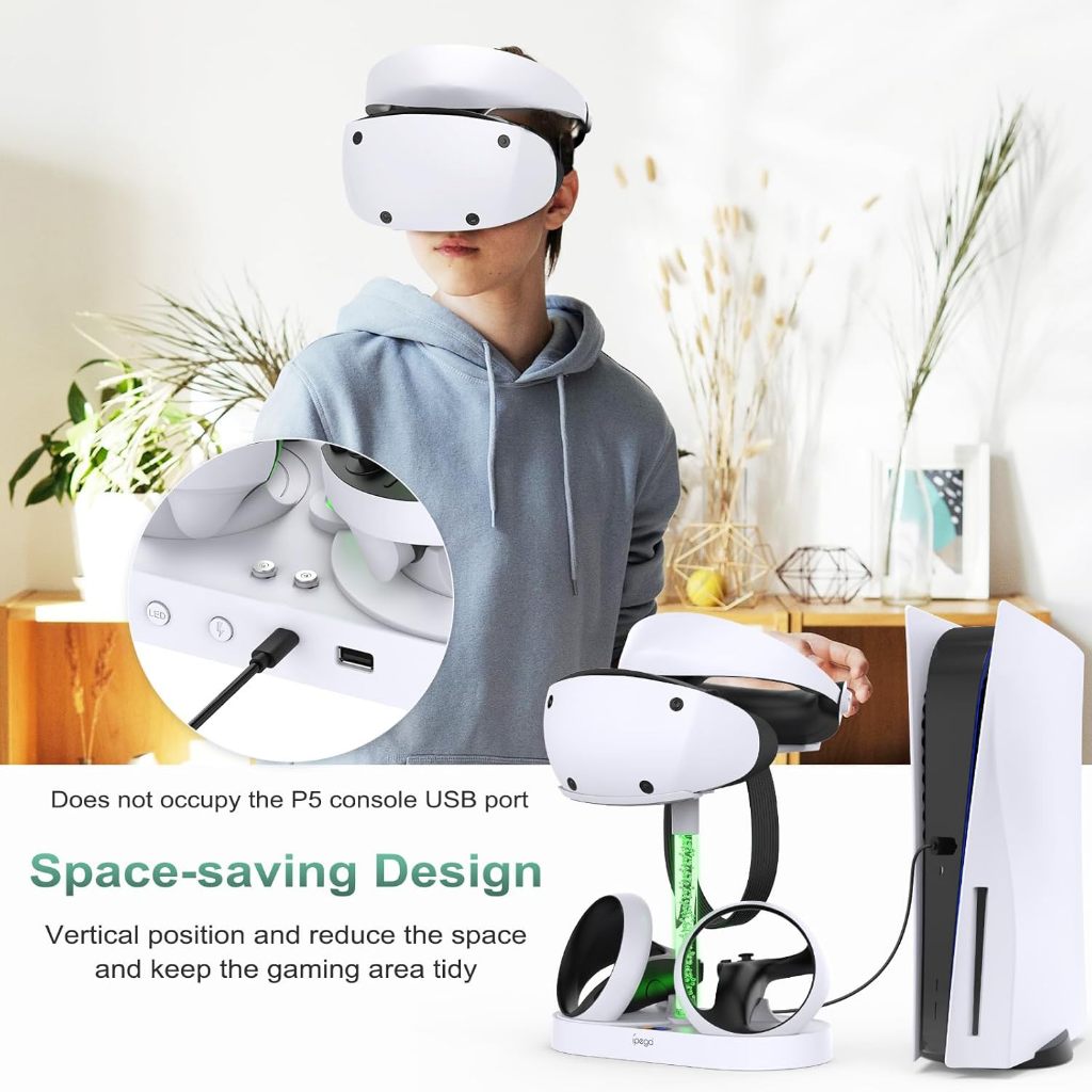 แท่นชาร์จแนวตั้งอเนกประสงค์สำหรับชุดหูฟัง PS VR2 และจอย Sense พร้อมโหมดไฟ RGB 10 แบบที่มีฟังก์ชันจดจำ โครงชาร์จสำหรับ Playstation VR2