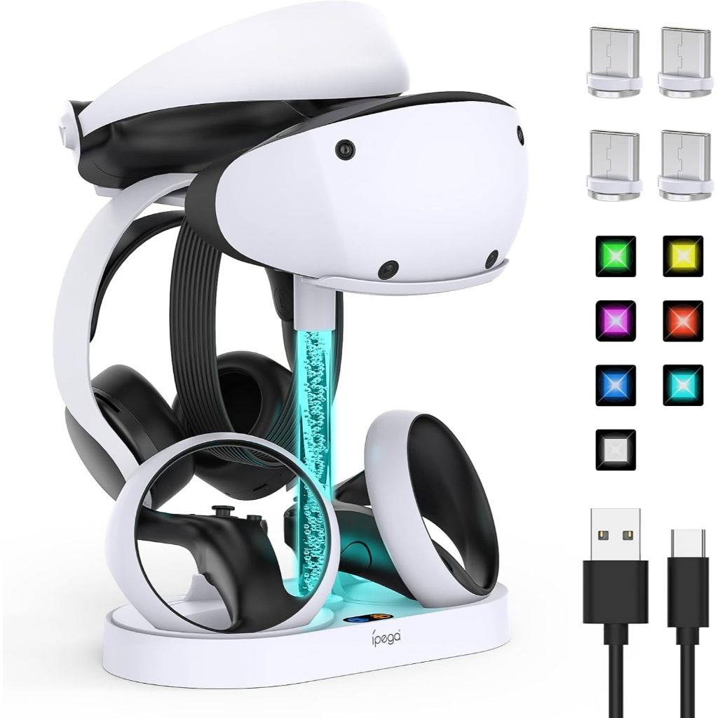 แท่นชาร์จแนวตั้งอเนกประสงค์สำหรับชุดหูฟัง PS VR2 และจอย Sense พร้อมโหมดไฟ RGB 10 แบบที่มีฟังก์ชันจดจำ โครงชาร์จสำหรับ Playstation VR2