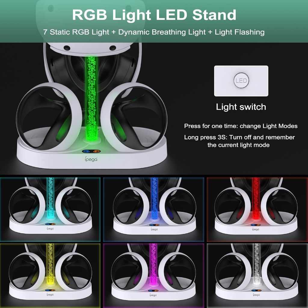 แท่นชาร์จแนวตั้งอเนกประสงค์สำหรับชุดหูฟัง PS VR2 และจอย Sense พร้อมโหมดไฟ RGB 10 แบบที่มีฟังก์ชันจดจำ โครงชาร์จสำหรับ Playstation VR2