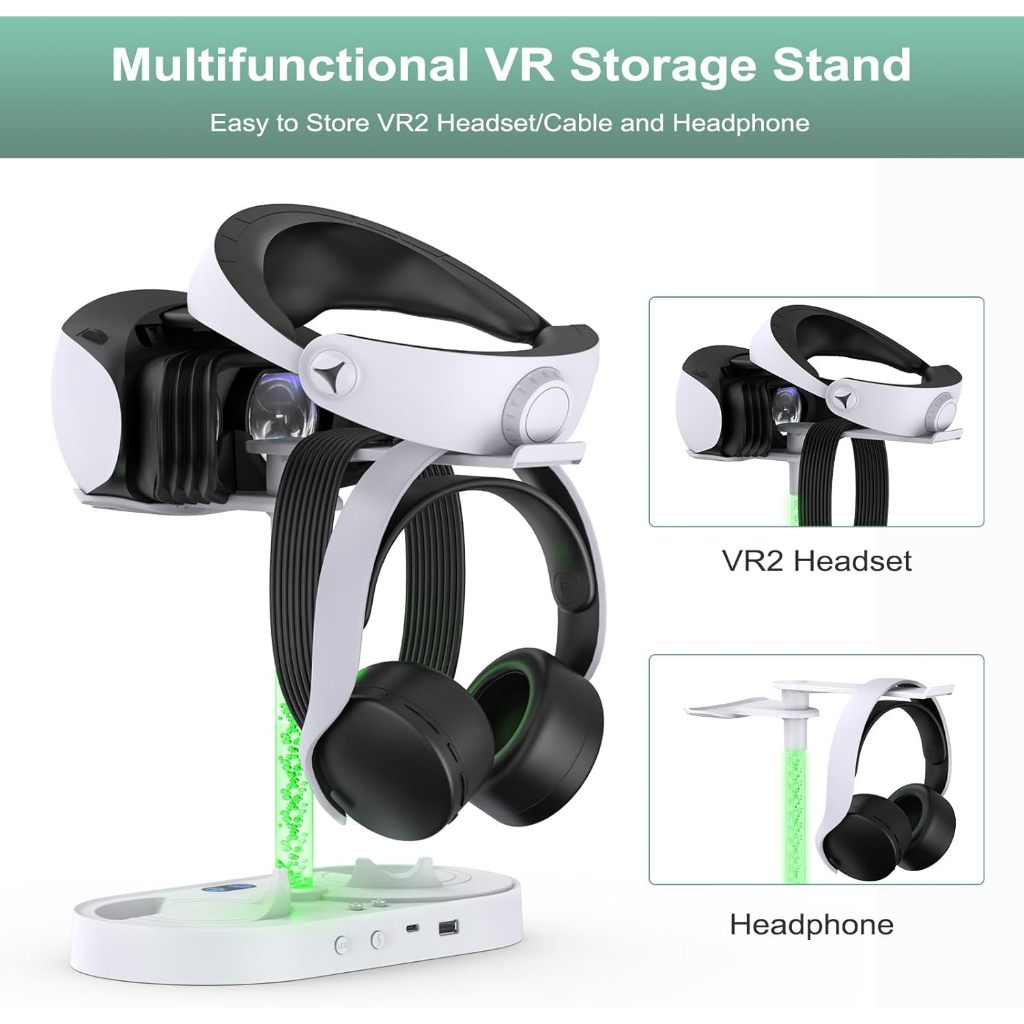 แท่นชาร์จแนวตั้งอเนกประสงค์สำหรับชุดหูฟัง PS VR2 และจอย Sense พร้อมโหมดไฟ RGB 10 แบบที่มีฟังก์ชันจดจำ โครงชาร์จสำหรับ Playstation VR2