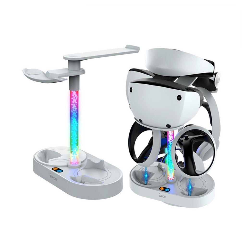 แท่นชาร์จแนวตั้งอเนกประสงค์สำหรับชุดหูฟัง PS VR2 และจอย Sense พร้อมโหมดไฟ RGB 10 แบบที่มีฟังก์ชันจดจำ โครงชาร์จสำหรับ Playstation VR2