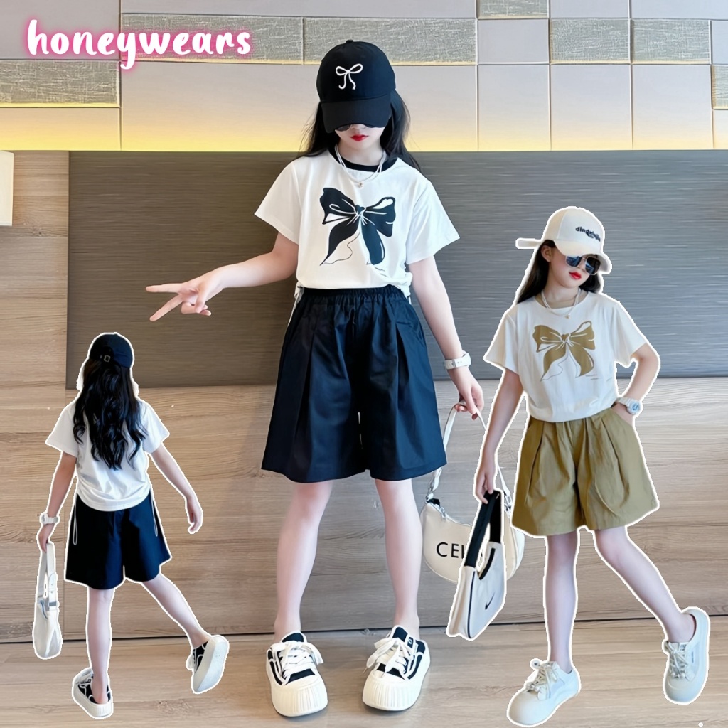 honeywears⚡️พร้อมส่ง⚡️ชุดเซ็ตเด็กผู้หญิงแฟชั่น ชุดลำลองสไตล์เกาหลี เอวยางยืด สองชิ้น กางเกงขาสั้นแขนสั้นฤดูร้อน ไซส์ 120-160