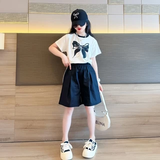honeywears⚡️พร้อมส่ง⚡️ชุดเซ็ตเด็กผู้หญิงแฟชั่น ชุดลำลองสไตล์เกาหลี เอวยางยืด สองชิ้น กางเกงขาสั้นแขนสั้นฤดูร้อน ไซส์ 120-160