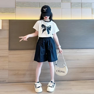 honeywears⚡️พร้อมส่ง⚡️ชุดเซ็ตเด็กผู้หญิงแฟชั่น ชุดลำลองสไตล์เกาหลี เอวยางยืด สองชิ้น กางเกงขาสั้นแขนสั้นฤดูร้อน ไซส์ 120-160