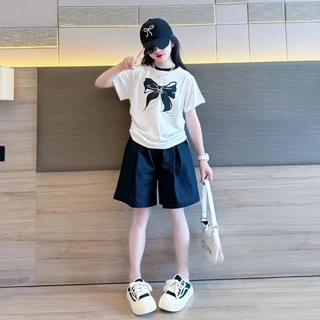 honeywears⚡️พร้อมส่ง⚡️ชุดเซ็ตเด็กผู้หญิงแฟชั่น ชุดลำลองสไตล์เกาหลี เอวยางยืด สองชิ้น กางเกงขาสั้นแขนสั้นฤดูร้อน ไซส์ 120-160