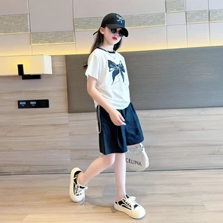 honeywears⚡️พร้อมส่ง⚡️ชุดเซ็ตเด็กผู้หญิงแฟชั่น ชุดลำลองสไตล์เกาหลี เอวยางยืด สองชิ้น กางเกงขาสั้นแขนสั้นฤดูร้อน ไซส์ 120-160