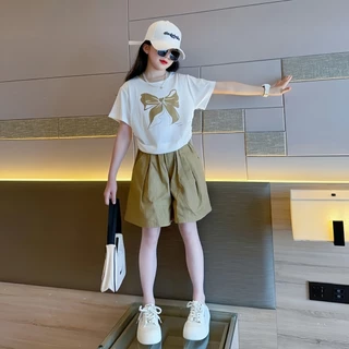 honeywears⚡️พร้อมส่ง⚡️ชุดเซ็ตเด็กผู้หญิงแฟชั่น ชุดลำลองสไตล์เกาหลี เอวยางยืด สองชิ้น กางเกงขาสั้นแขนสั้นฤดูร้อน ไซส์ 120-160