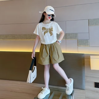honeywears⚡️พร้อมส่ง⚡️ชุดเซ็ตเด็กผู้หญิงแฟชั่น ชุดลำลองสไตล์เกาหลี เอวยางยืด สองชิ้น กางเกงขาสั้นแขนสั้นฤดูร้อน ไซส์ 120-160