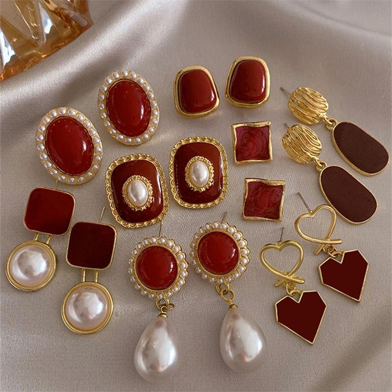 แฟชั่น Retro ไวน์แดงเรขาคณิตต่างหูรูปไข่สแควร์หัวใจ Pearl สตรอเบอร์รี่ต่างหูผู้หญิงเครื่องประดับ Vintage ของขวัญ