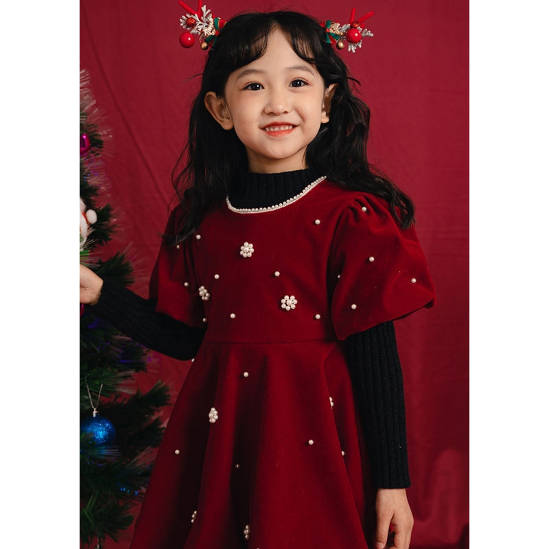 สาวแต่งตัว2024ฤดูใบไม้ร่วงฤดูหนาวกํามะหยี่สีแดงสาวเด็กพัฟแขนลูกปัดชุดเจ้าหญิง