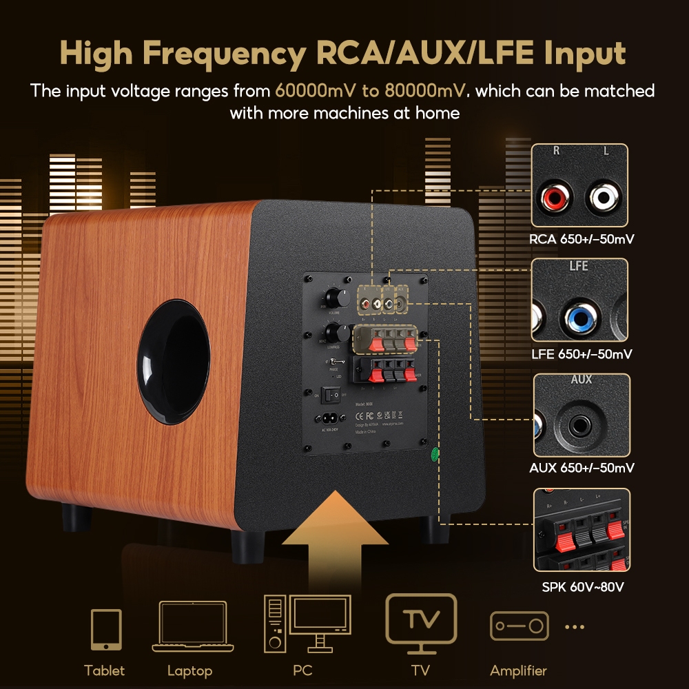Aiyima 800X ซับวูฟเฟอร์ 150W 3Ohm 8 นิ้วลําโพง Deep Bass ไม้ Grain Woofer เครื่องขยายเสียงอินพุต RCA/AUX/LFE