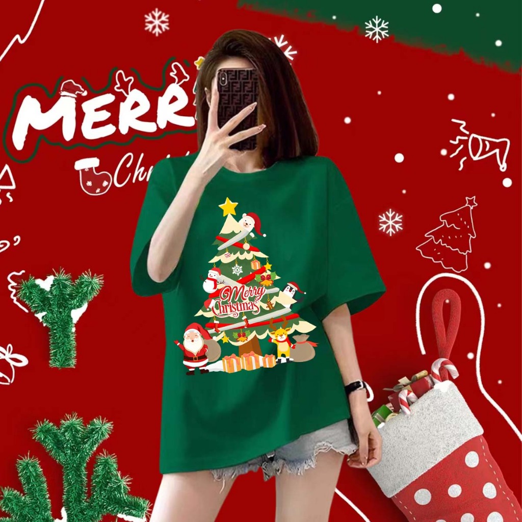 เสื้อคริสมาสต์ คริสต์มาส Merry Christmas &Happy New Year T-Shirt พิมพ์ด้วย ซานตาคลอส กวาง ลวดลาย ฝ้าย#21