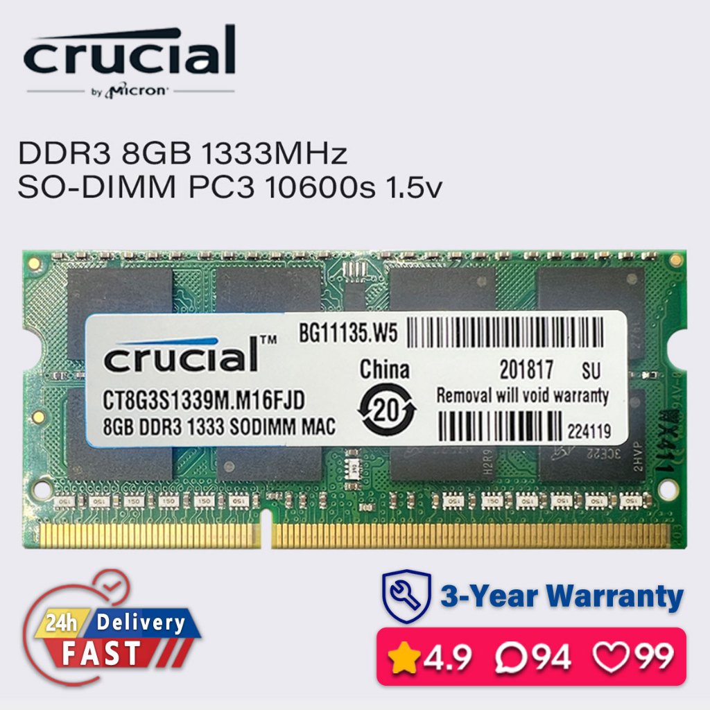 Crucial ddr3 8gb 4gb 1333mhz ram แล็ปท็อป sodimm หน่วยความจํา pc3 10600s 1.5v