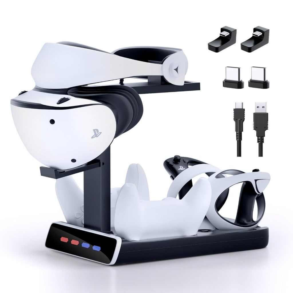 แท่นชาร์จคอนโทรลเลอร์ 3 in 1 สำหรับ PSVR2 และ PS5, ชุดวางแสดง VR พร้อมไฟ LED, อุปกรณ์เสริมเกมมิ่ง สำหรับจัดเก็บ PS5 VR2, พร้อมสาย Type-C และตัวล็อกแม่เหล็ก 4 จุด