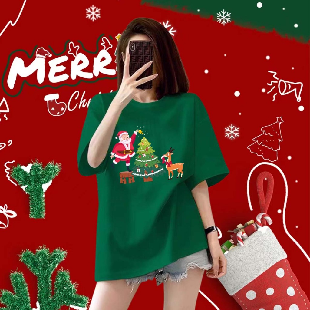 เสื้อคริสมาสต์ คริสต์มาส Merry Christmas &Happy New Year T-Shirt พิมพ์ด้วย ซานตาคลอส กวาง ลวดลาย ฝ้าย S-5XL#02