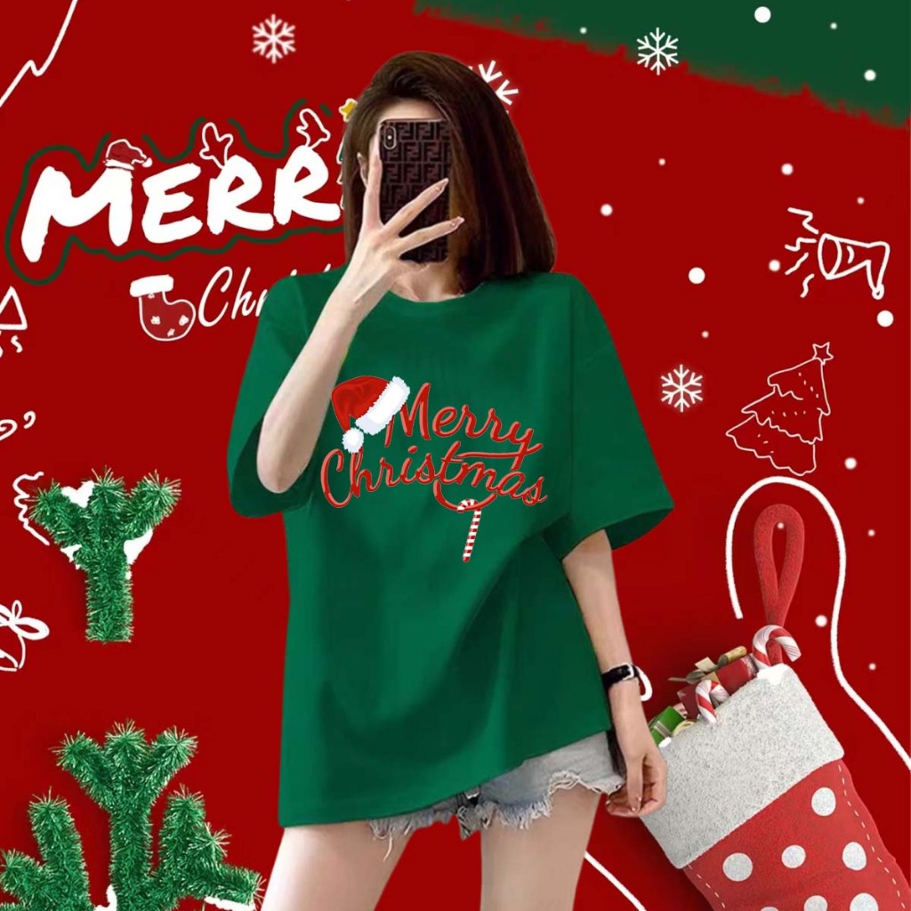 เสื้อคริสมาสต์ คริสต์มาส Merry Christmas &Happy New Year T-Shirt พิมพ์ด้วย ซานตาคลอส กวาง ลวดลาย ฝ้าย#013