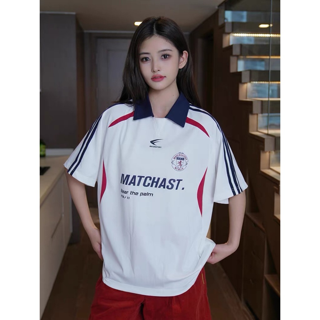 ProMan-เสื้อโปโลแบรนด์แฟชั่นสไตล์อเมริกัน เสื้อยืดลำลองทรงหลวม ใส่ได้ทั้งชายและหญิง เย็บลายทาง ปกพับ ยอดนิยม
