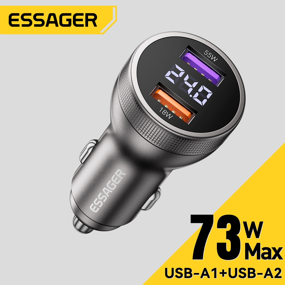 Essager 73W Dual USB-A Car Charger Super Flash Charger พร้อมจอแสดงผลดิจิตอลรองรับ PD3.0/ AFC/SuperVOOC/VIVO Flash Charging