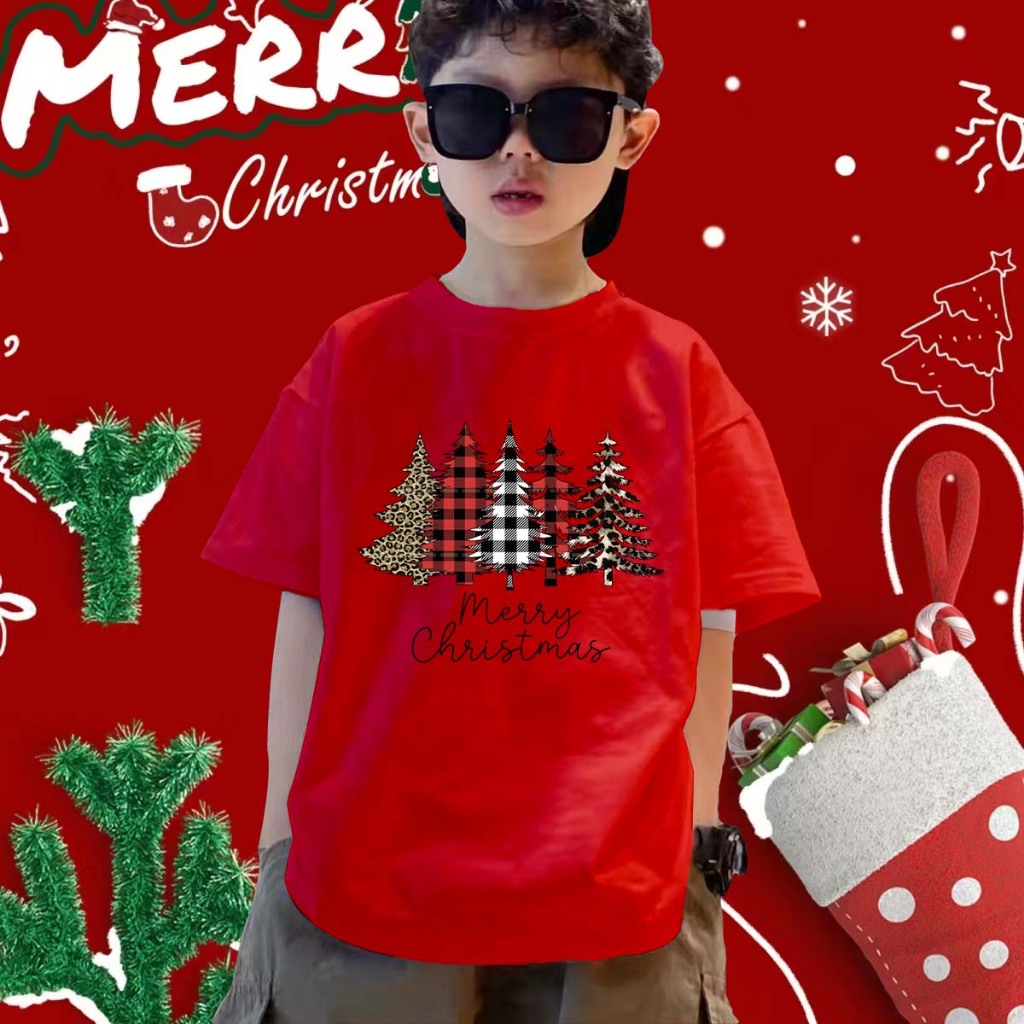 เสื้อยืดเด็กคริสมาสต์  คริสต์มาส  Merry Christmas &Happy New Year Children's T-Shirt พิมพ์ด้วย ซานตาคลอส  กวาง  ลวดลาย ฝ้าย