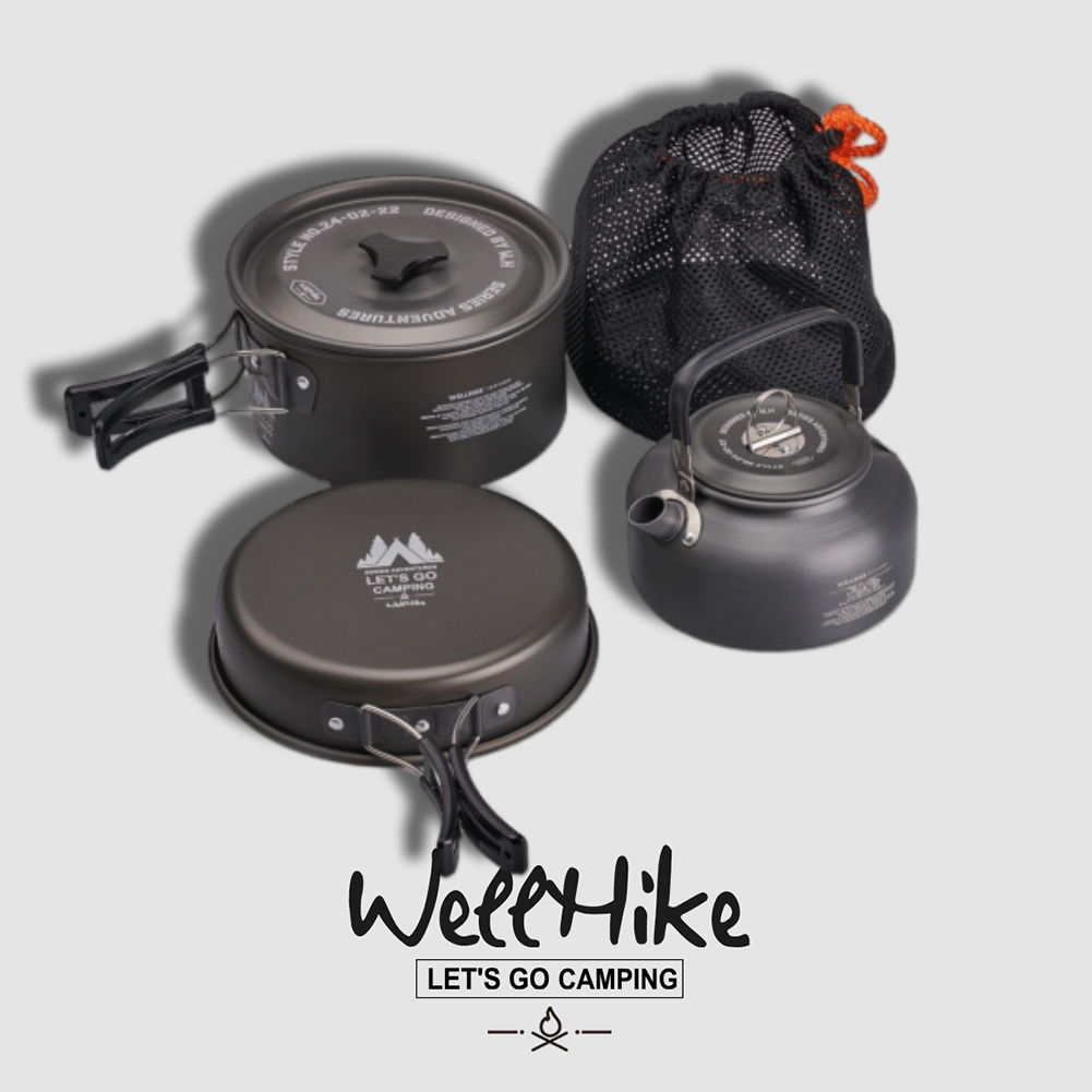 🚚สต็อกพร้อมในกรุงเทพ🚚 Wellhike ชุดอุปกรณ์ทำอาหารพกพา 4 ชิ้น, หม้อแคมป์ปิ้ง หม้อ กระทะ และกาน้ำอลูมิเนียมน้ำหนักเบา, ชุดทำอาหารสำหรับแคมป์ปิ้ง เดินป่า และปิกนิก ชุดครัว Camping