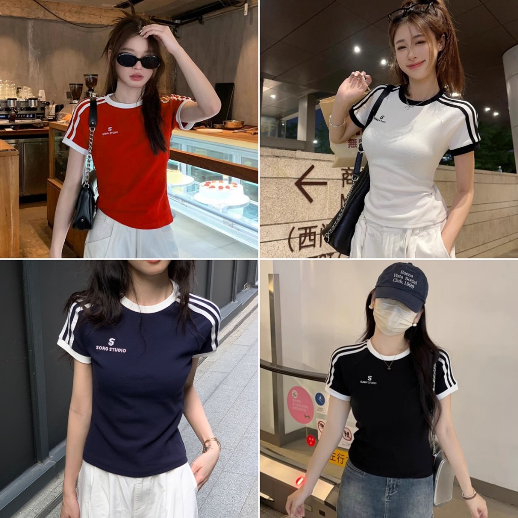 Betty house พร้อมส่ง เสื้อยืดผู้หญิง แขนสั้นย้อนยุค เสื้อรัดรูปเซ็กซี่ คอกลมการประกบ สไตล์อเมริกัน