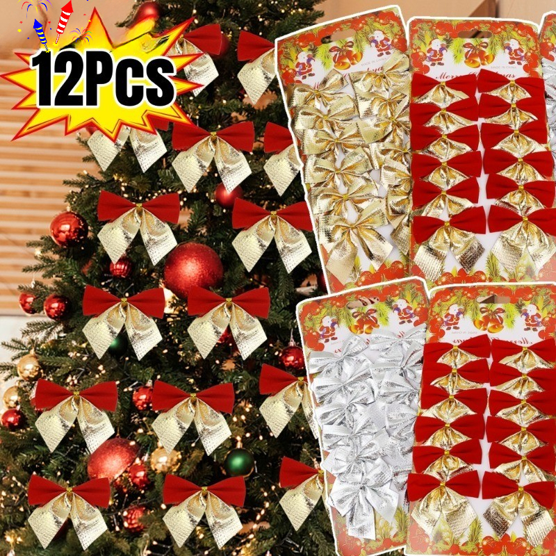 12 ชิ ้ นคริสต ์ มาสโบว ์ แขวนตกแต ่ ง / ทองสีแดงต ้ นคริสต ์ มาสแขวนโบว ์ ปมเครื ่ องประดับ/ 2024 ปีใหม ่ ตกแต ่ งคริสต ์ มาส