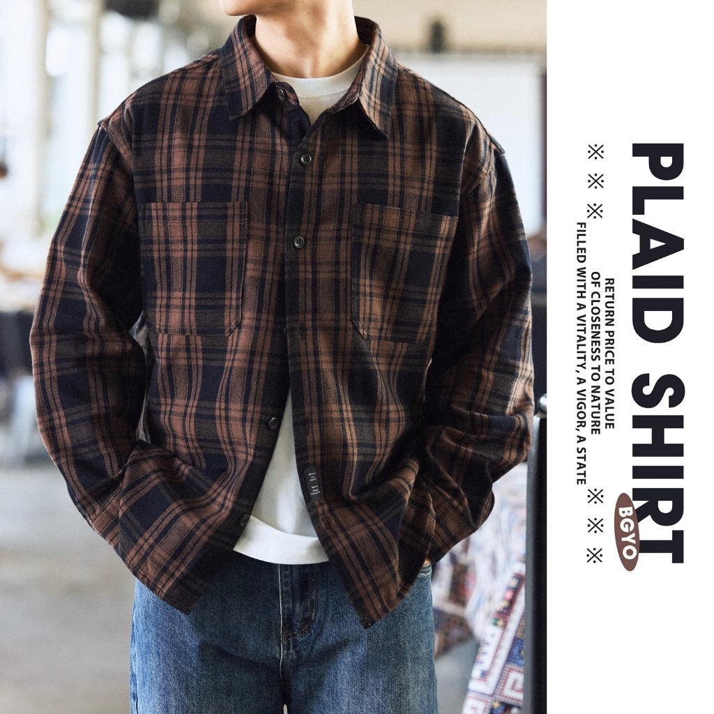 อเมริกันย้อนยุค300กรัมเสื้อลายสก๊อตหนักผู้ชายผ้าฝ้ายแท้หนาแปรงเสื้อแขนยาวแจ็คเก็ต