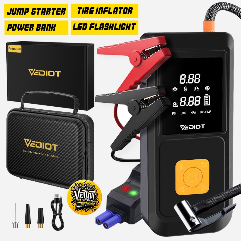 Vediot จั๊มสตาร์ทรถยนต์ Jump Starter + ที่เติมลมยาง + พาวเวอร์แบงค์ + ไฟฉาย LED ปั๊มลมจัมเปอร์บูสเตอร์ สําหรับสตาร์ทรถยนต์ฉุกเฉิน
