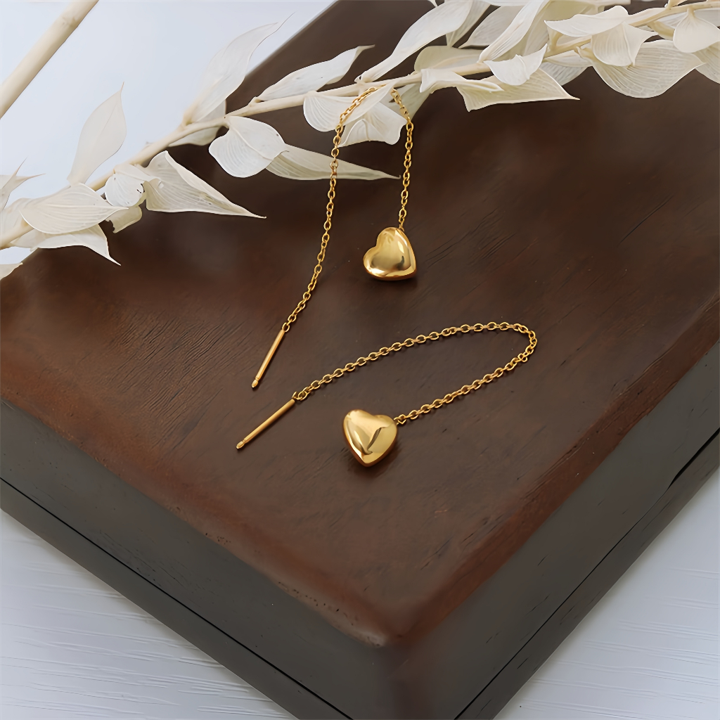 Love Heart Peach Heart ไทเทเนียมเหล็กพู่ต่างหูหูสายElectroplating K Gold Non-Fadeยาวสไตล์Classy All-Matchยาวสไตล์ต่างหู