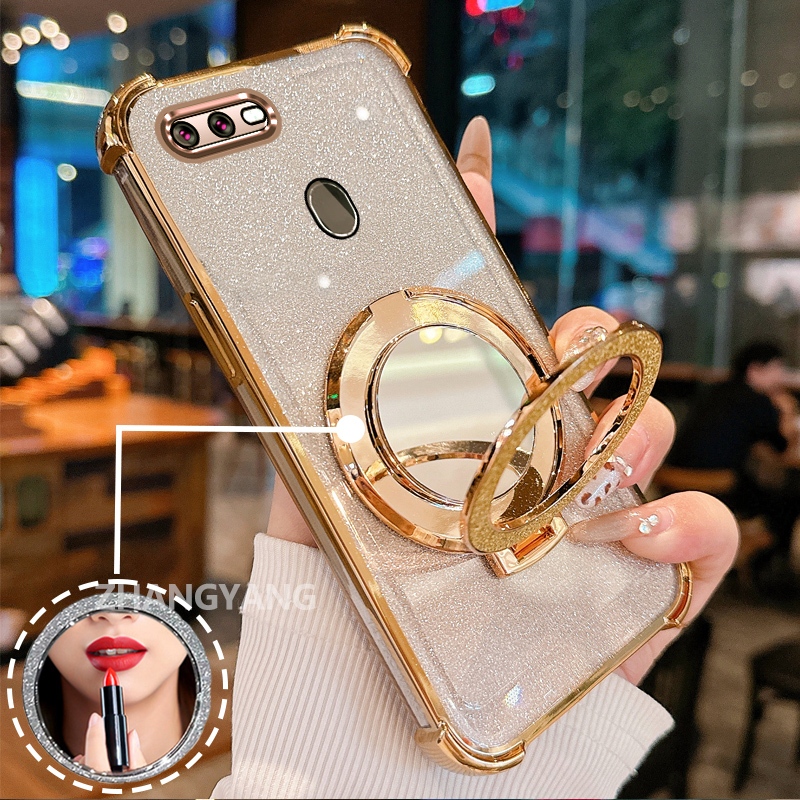 กรณีสําหรับ OPPO A5S A12 A7 F9 สี่มุม anti drop electroplated เคสโทรศัพท์ glitter พร้อมคุณสมบัติความงามและวงเล็บกระจก TPU soft case