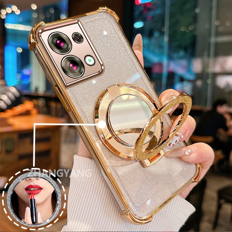 กรณีสําหรับ OPPO Reno 8 5G Reno 8 Pro 5G สี่มุม anti drop electroplated เคสโทรศัพท์ glitter พร้อมคุณสมบัติความงามและวงเล็บกระจก TPU soft case