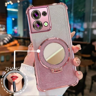 กรณีสําหรับ OPPO Reno 8 5G Reno 8 Pro 5G สี่มุม anti drop electroplated เคสโทรศัพท์ glitter พร้อมคุณสมบัติความงามและวงเล็บกระจก TPU soft case
