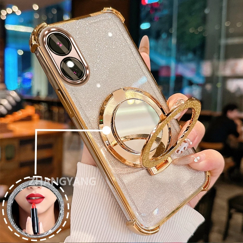สําหรับ OPPO reno 8T 4G reno 8T 5G สี่มุม anti drop electroplated glitter เคสโทรศัพท์พร้อมคุณสมบัติความงามและวงเล็บกระจก TPU soft case
