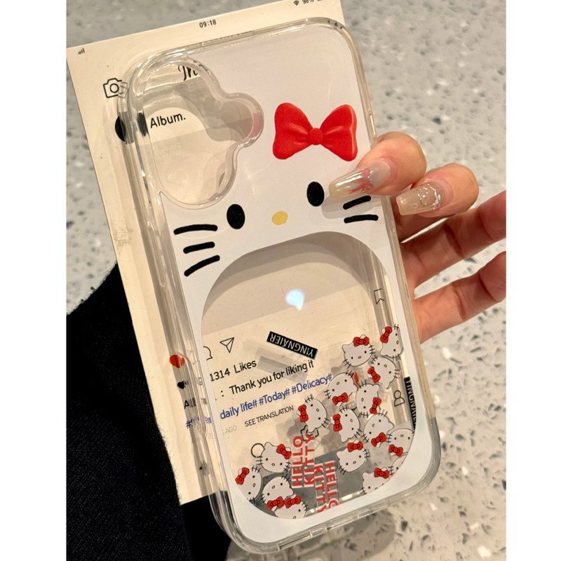 ใหม่โปร่งใส 12 Hollow 13 ปากใหญ่ Hello Kitty 14 Glitter เหมาะสําหรับ Apple 16promax เคสโทรศัพท์ 16plus การ์ตูนน่ารัก iPhone15 กันกระแทกป้องกันกรณี