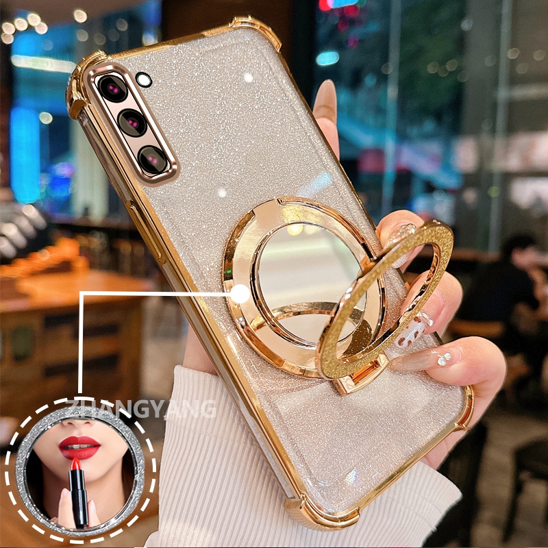 กรณีสําหรับ vivo v27 v27 Pro v27e สี่มุม anti drop electroplated เคสโทรศัพท์ glitter พร้อมคุณสมบัติความงามและวงเล็บกระจก TPU soft case