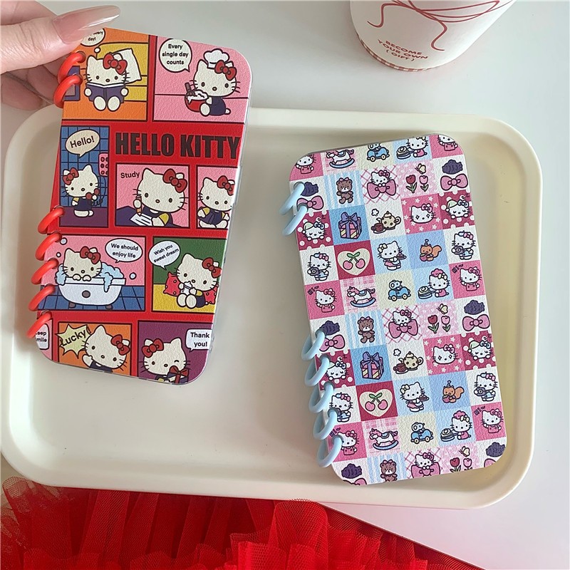 Iphone 16 pro max 15 pro max Hello Kitty ลายสี่เหลี่ยม วัสดุ PU เคสโทรศัพท์แบบพลิกการ์ด